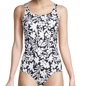 Lands' End Tank Soft Cup One Piece Swimsuit Black Havana Floral, size 4, NWT